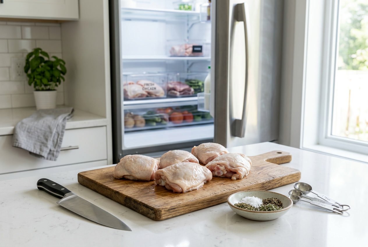 Fresh raw chicken thighs on a cutting board in a clean kitchen with cooking tools and a refrigerator in the background.