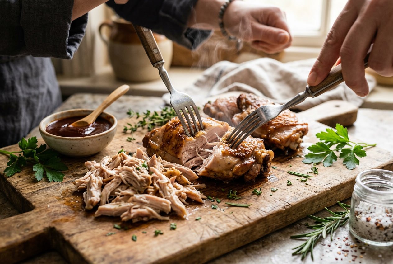 Cooked chicken thighs being shredded with two forks on a wooden cutting board surrounded by fresh herbs and sauce.