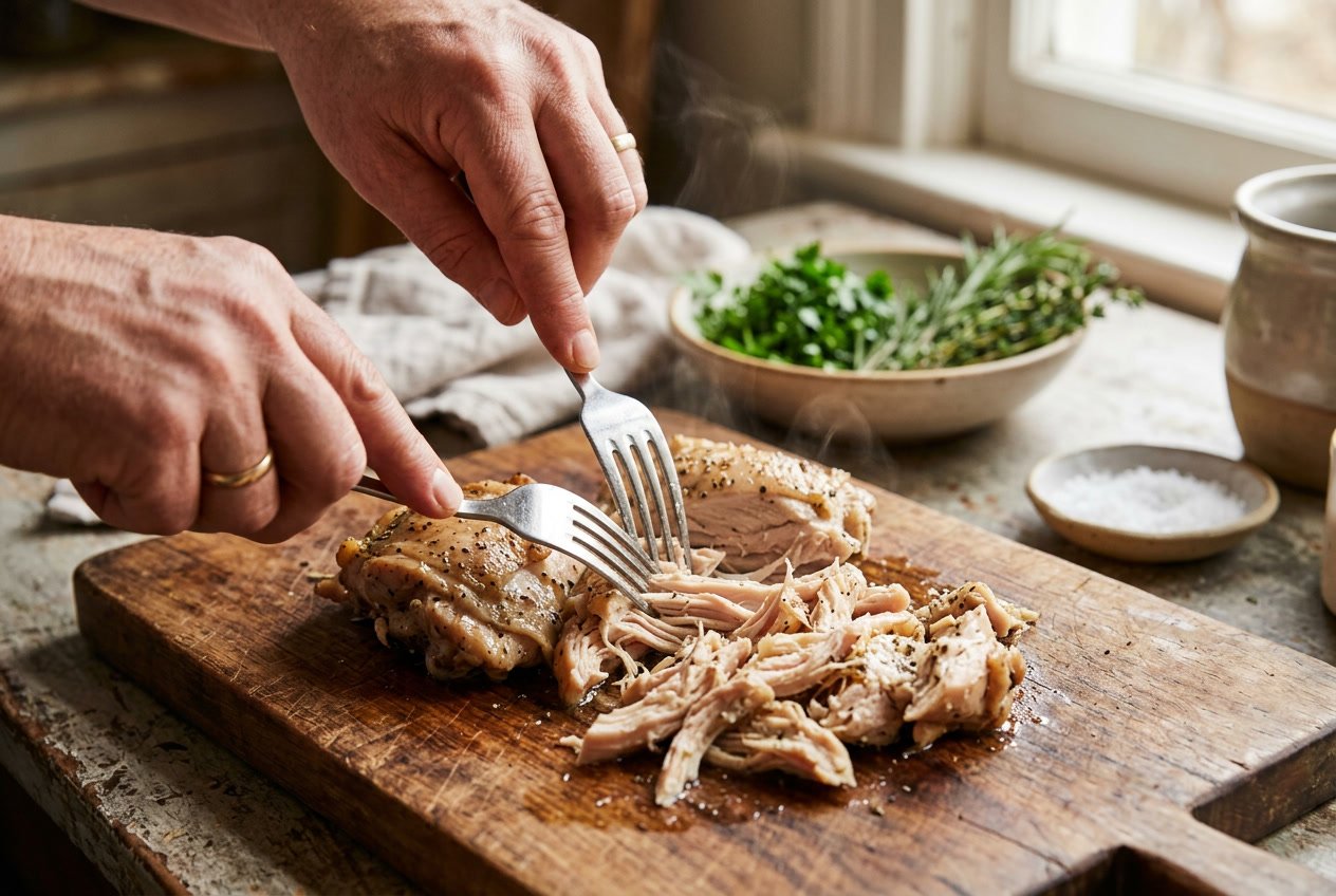 Close-up of cooked chicken thighs being shredded with two forks on a wooden cutting board in a kitchen setting.