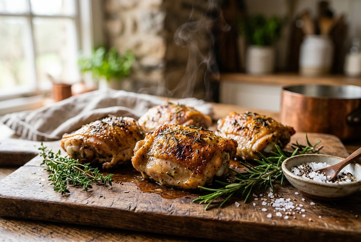 Cooked chicken thighs resting on a wooden cutting board with fresh herbs and seasoning nearby.