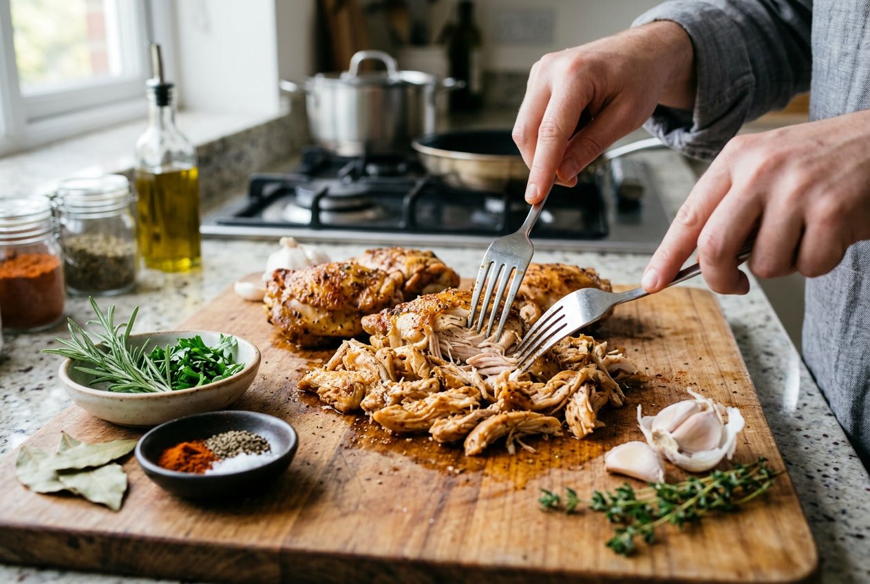 Close-up of cooked chicken thighs being shredded with forks on a cutting board surrounded by fresh herbs and spices in a kitchen.