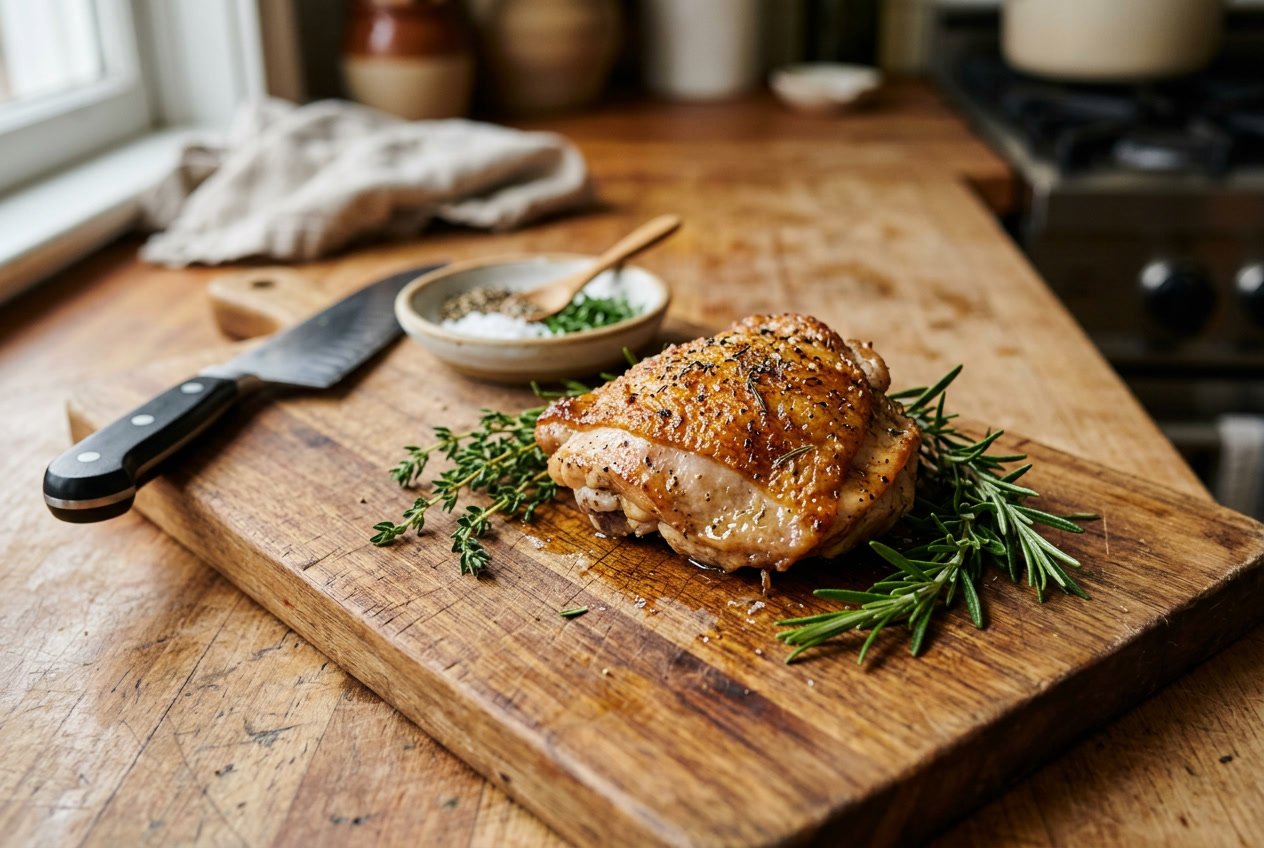 A cooked chicken thigh resting on a wooden cutting board with fresh herbs and a chef's knife in the background.