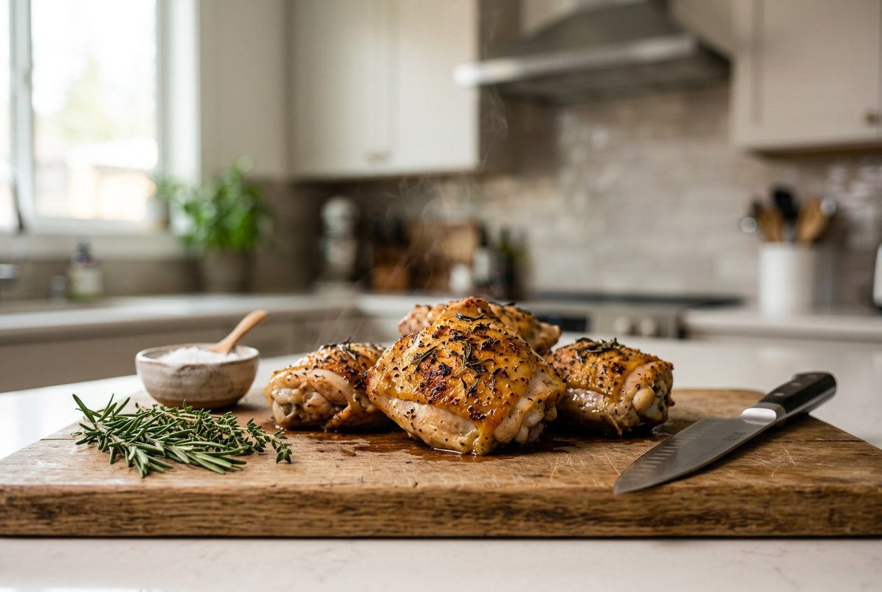 Cooked chicken thighs resting on a wooden cutting board with herbs and a knife nearby in a kitchen.