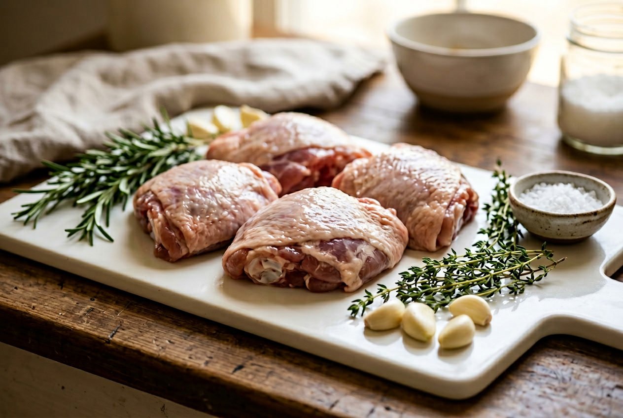 Raw chicken thighs on a white cutting board with herbs and garlic around them.