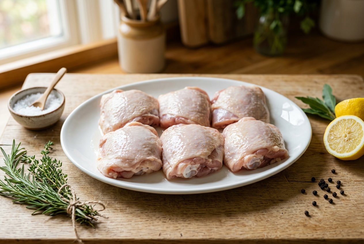 Raw chicken thighs on a white plate with herbs and lemon on a wooden countertop.