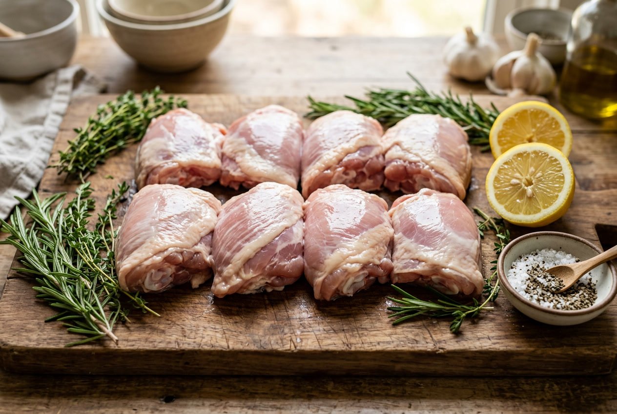 Close-up of raw chicken thighs on a wooden cutting board with fresh herbs and lemon halves nearby.