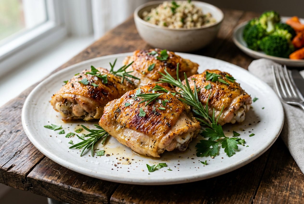Close-up of cooked chicken thighs garnished with herbs on a white plate with vegetables in the background.