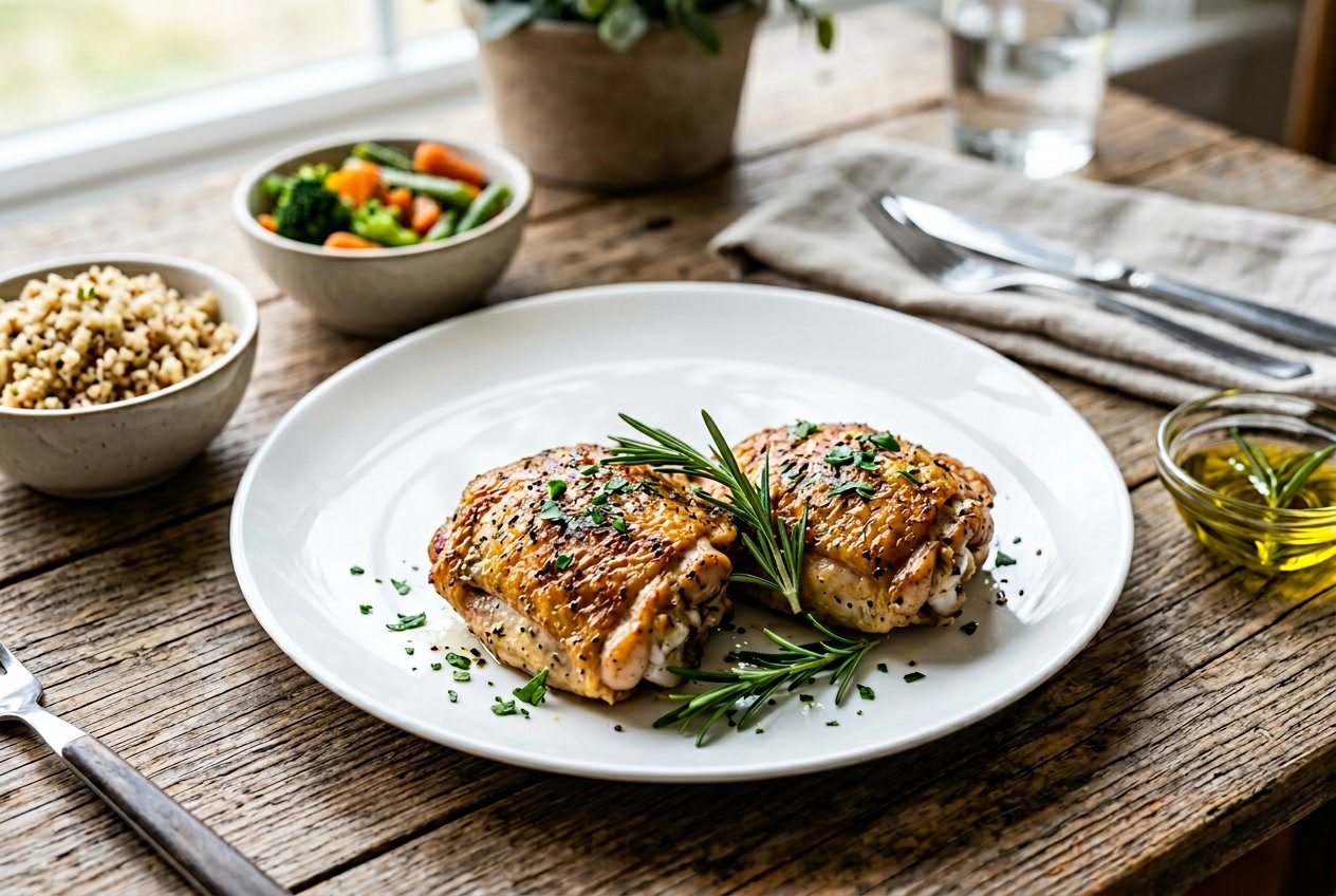 Close-up of cooked chicken thighs on a white plate garnished with fresh herbs, placed on a wooden table with bowls of quinoa and vegetables nearby.