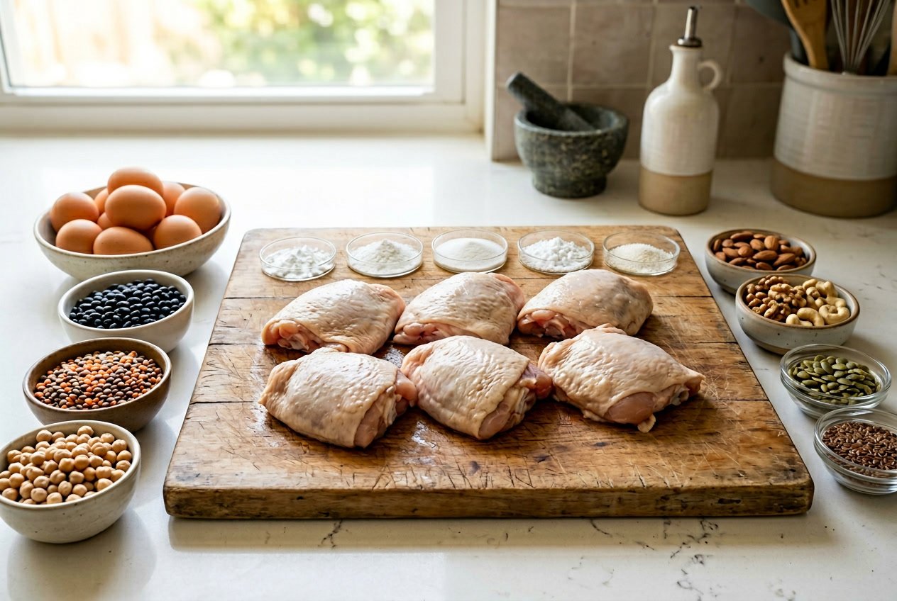 Fresh raw chicken thighs on a wooden cutting board with small bowls of protein-rich ingredients nearby on a kitchen countertop.