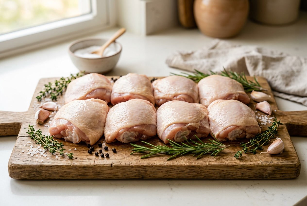 Fresh raw chicken thighs arranged on a wooden cutting board with herbs and garlic on a kitchen countertop.
