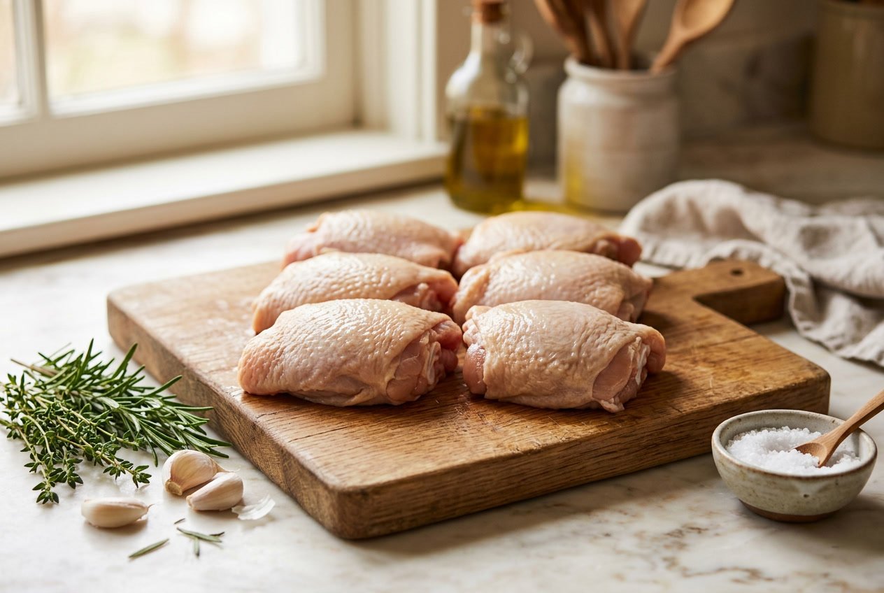 Raw chicken thighs on a wooden cutting board with fresh herbs and garlic cloves on a kitchen countertop.