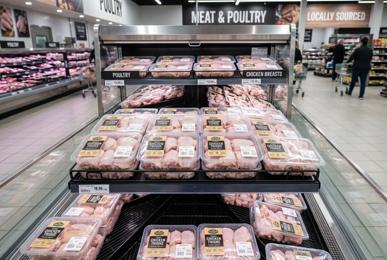 Refrigerated supermarket shelf displaying packages of fresh raw chicken thighs in clear trays.