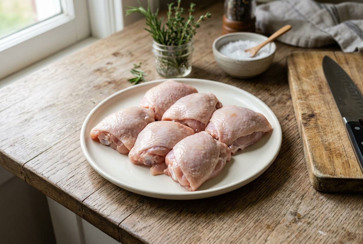 Raw chicken thighs on a white plate on a wooden countertop with herbs and kitchen tools in the background.