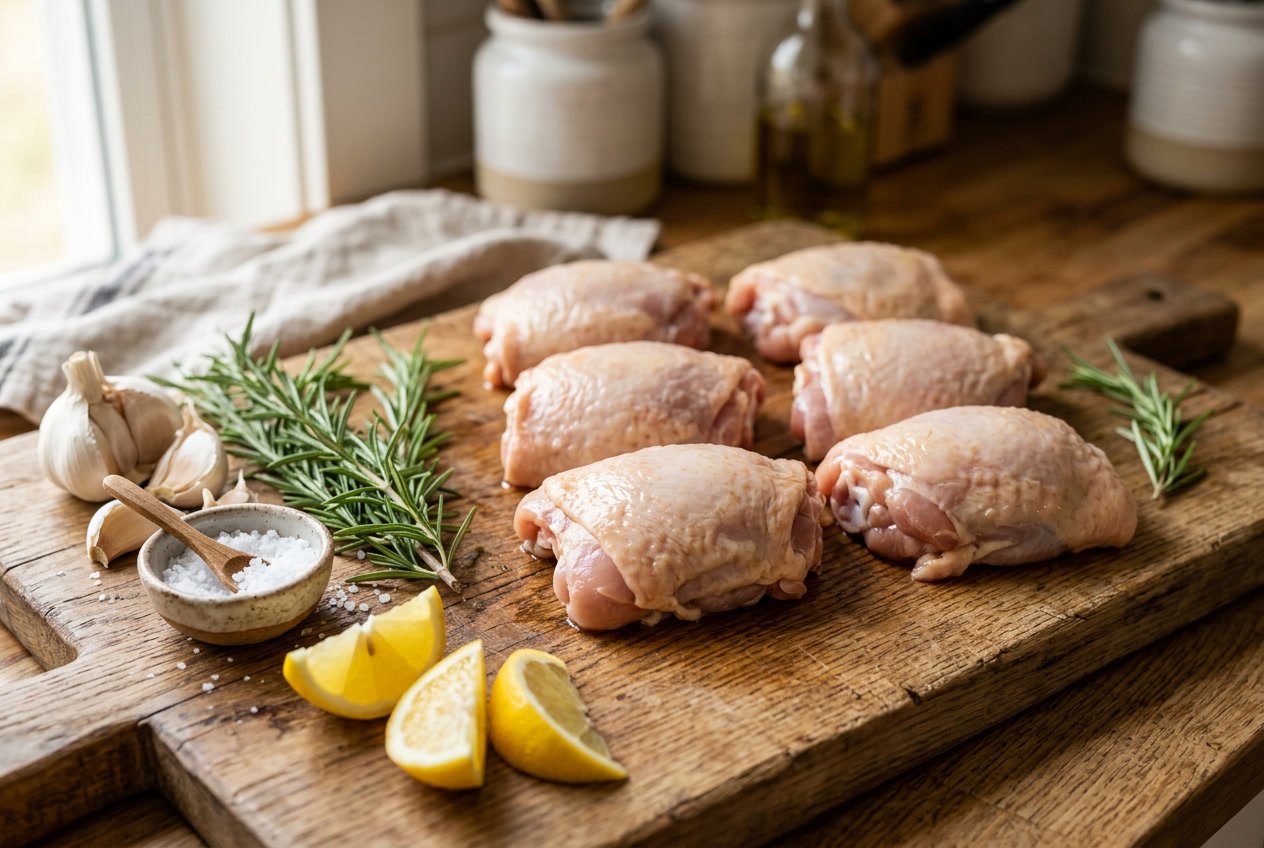 Raw chicken thighs on a wooden cutting board surrounded by fresh herbs, garlic, lemon wedges, and salt.