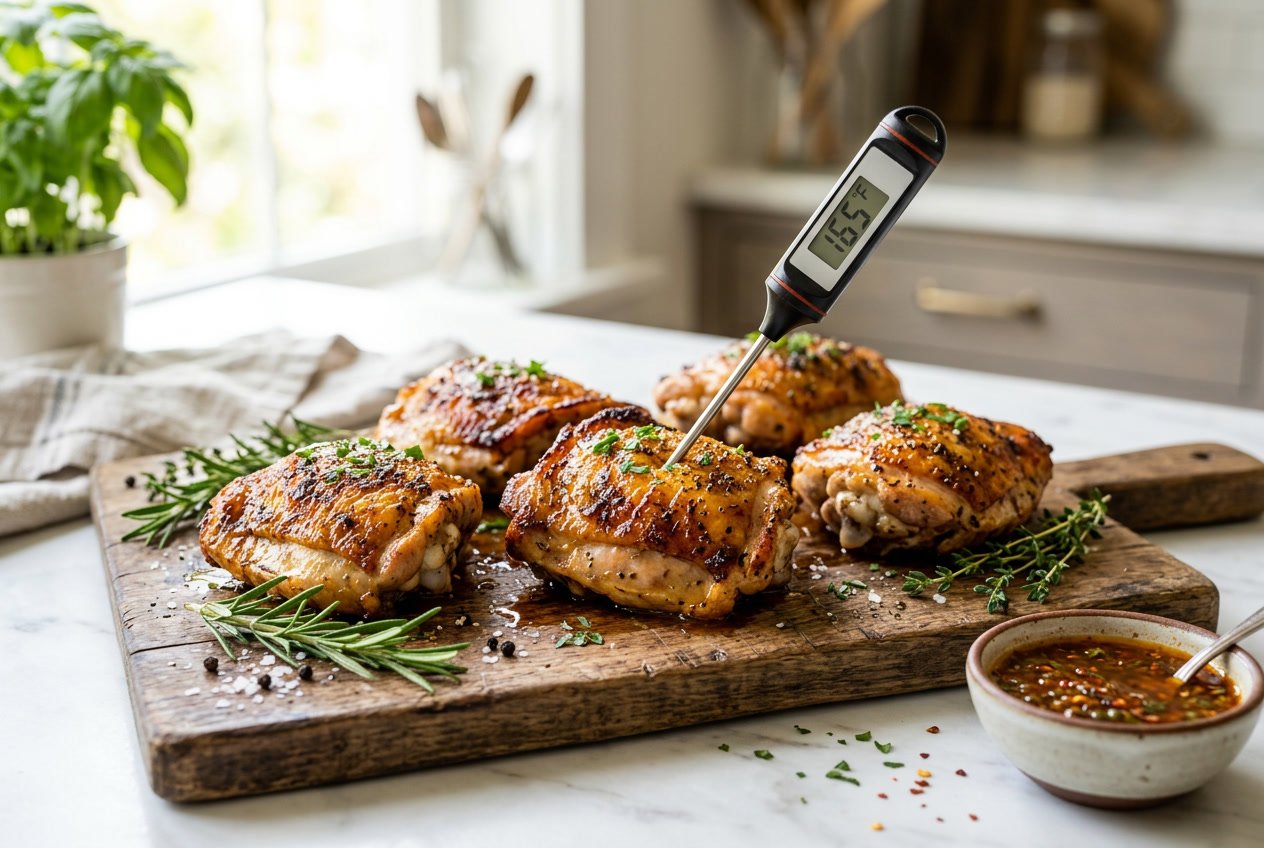 Cooked chicken thighs on a cutting board with herbs and a meat thermometer showing they are done.