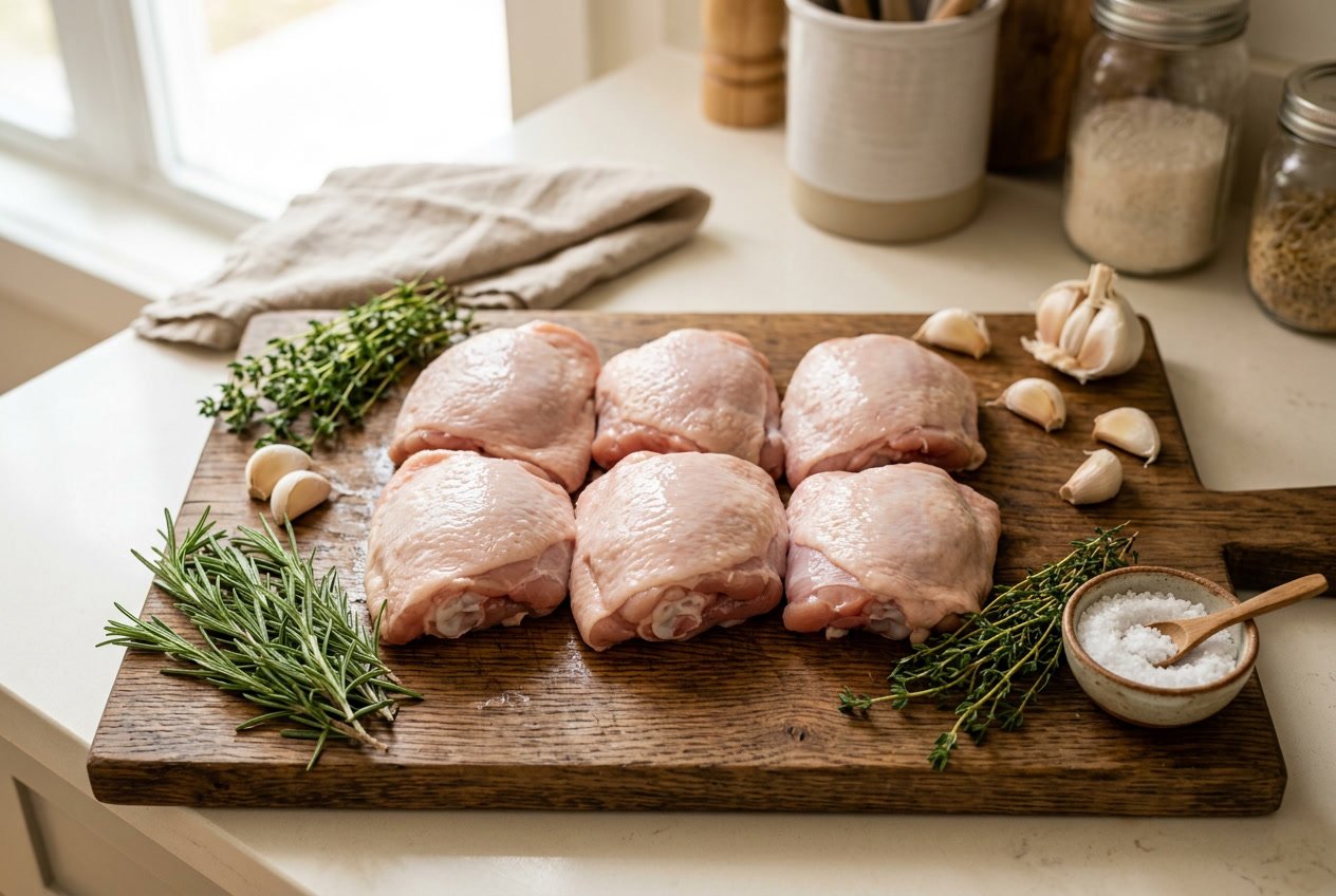 Raw chicken thighs on a wooden cutting board with fresh herbs and garlic on a kitchen countertop.