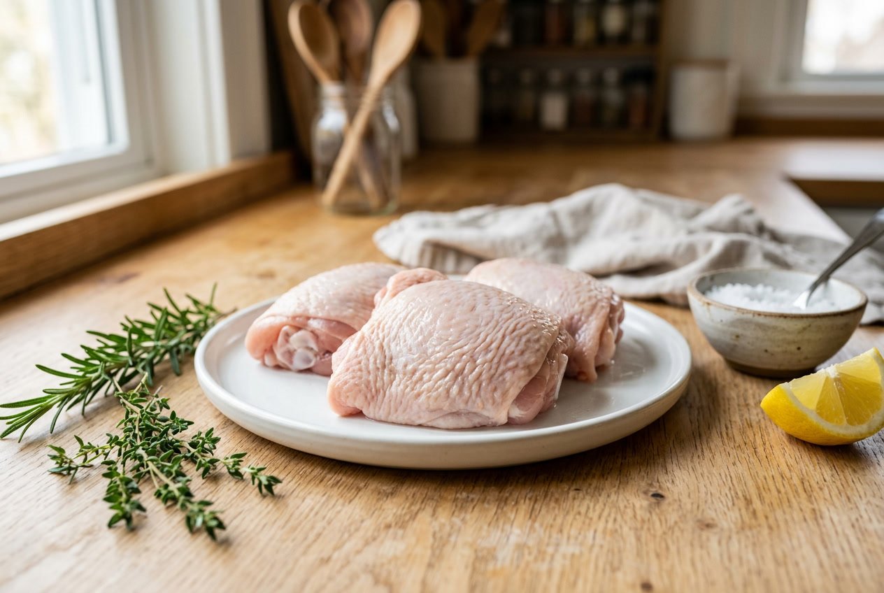 Raw chicken thighs on a white plate with herbs and lemon on a wooden countertop.