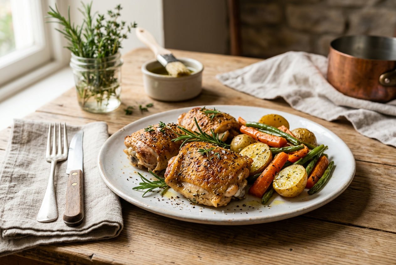 Plate of golden brown country-style chicken thighs with roasted vegetables on a wooden table.