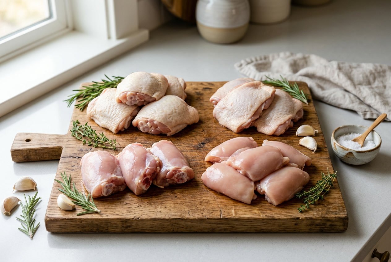 A variety of raw chicken thighs displayed on a wooden cutting board with fresh herbs and garlic on a kitchen countertop.