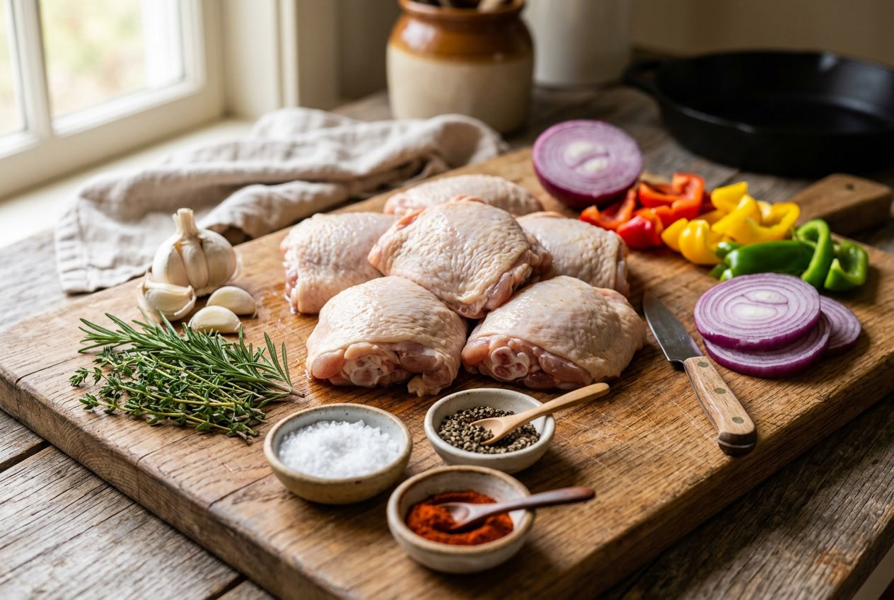 Fresh raw chicken thighs on a wooden cutting board surrounded by garlic, herbs, onions, bell peppers, and spices.