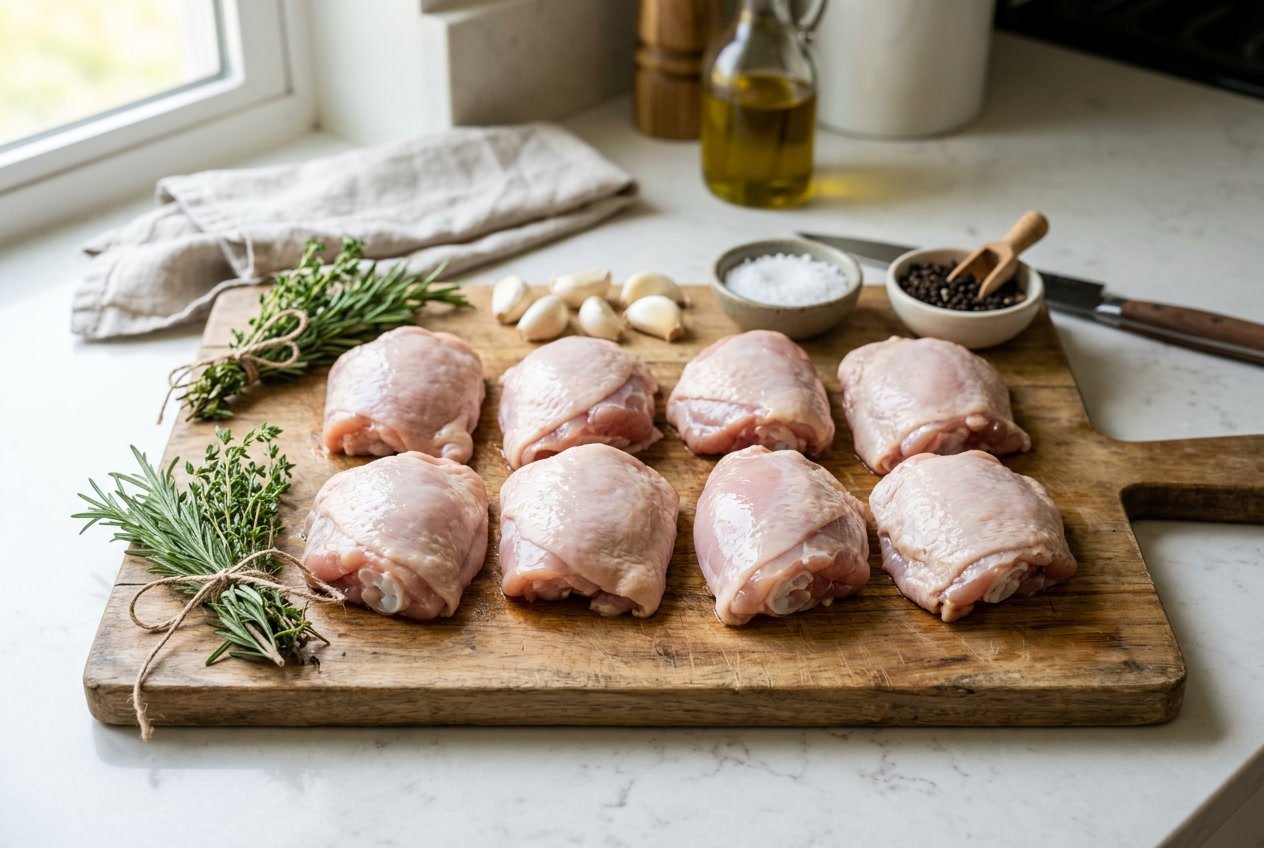 Fresh raw chicken thighs arranged on a wooden cutting board with herbs and spices nearby on a kitchen countertop.