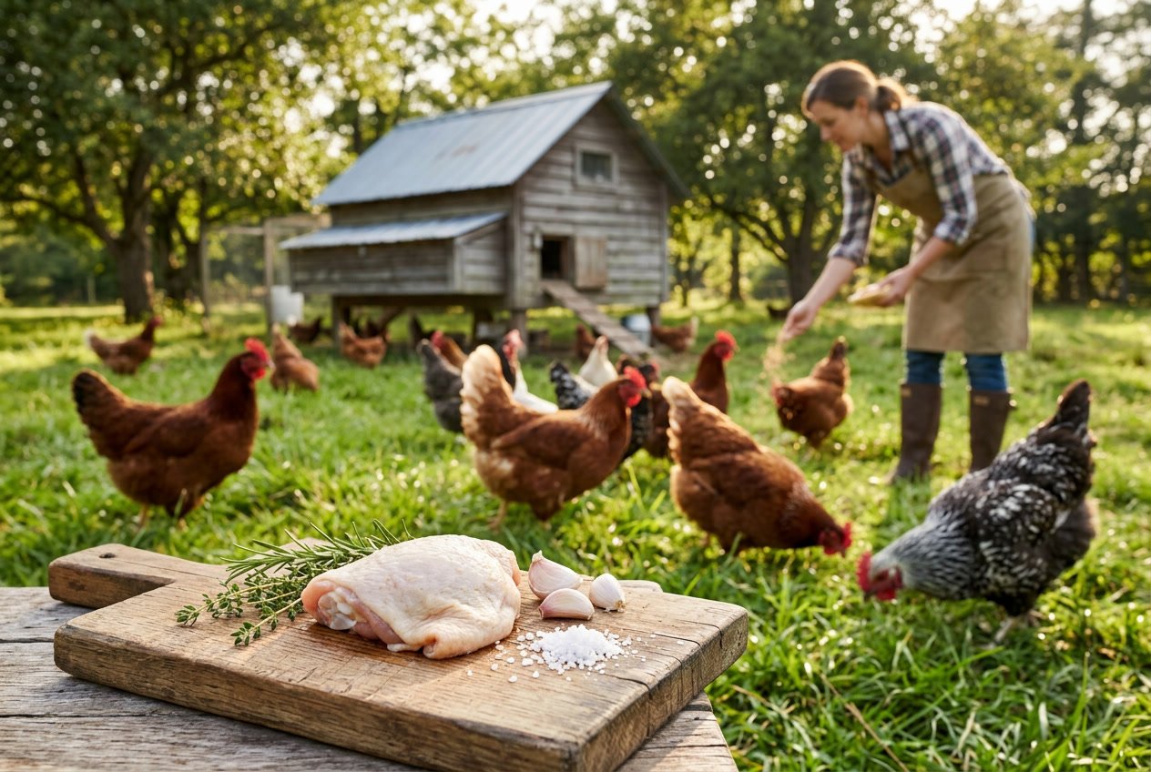A farm scene with healthy chickens roaming on grass near a chicken coop and a close-up of a chicken thigh on a wooden board with fresh herbs.