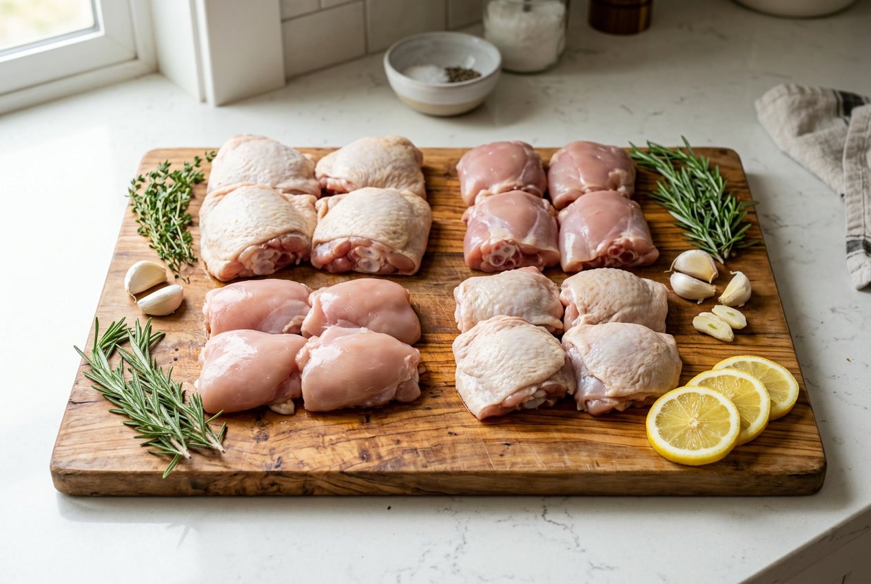 A variety of raw chicken thighs displayed on a wooden cutting board with fresh herbs, garlic, and lemon slices on a kitchen countertop.