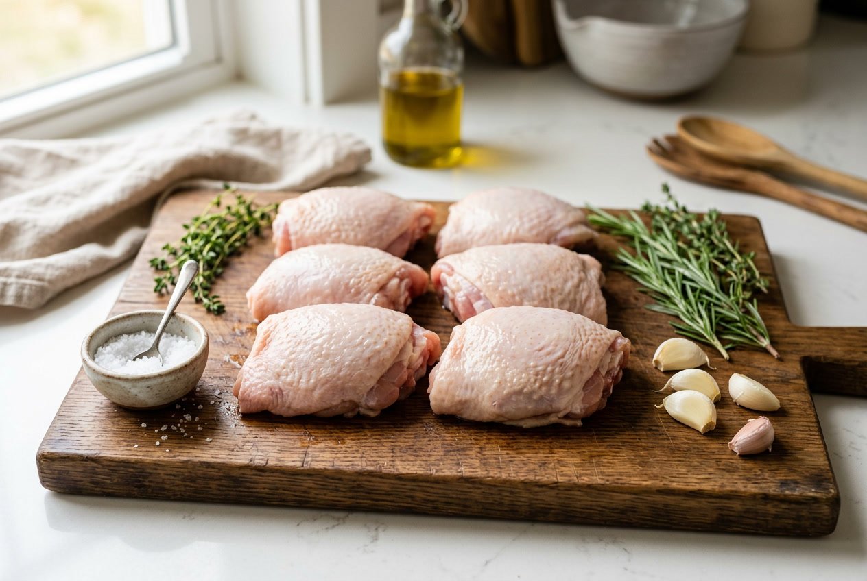 Raw chicken thighs on a wooden cutting board with fresh herbs and garlic cloves nearby.