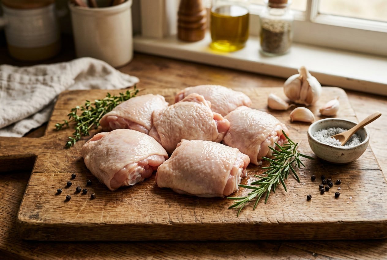 Fresh raw chicken thighs on a wooden cutting board surrounded by herbs and garlic.