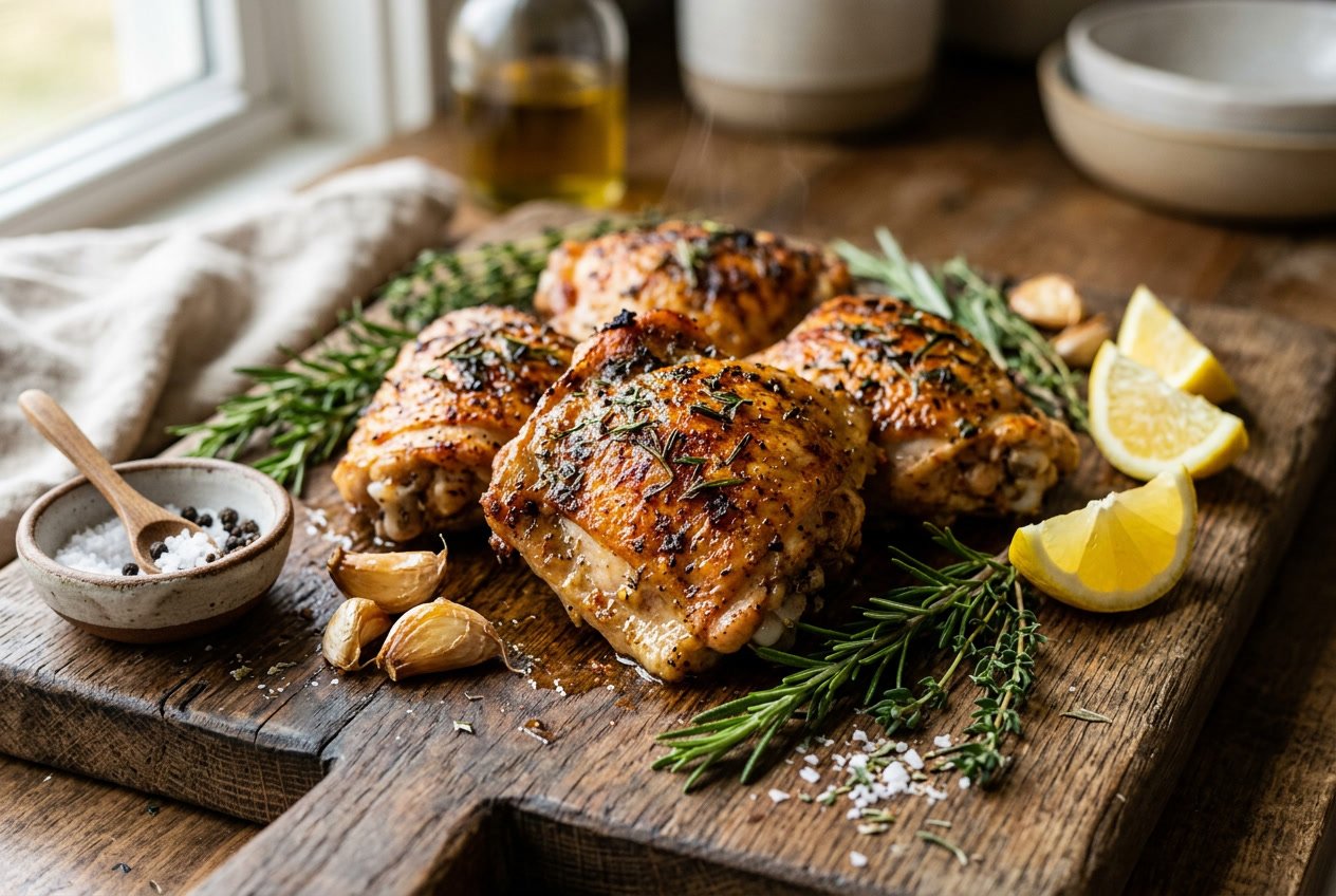 Close-up of cooked chicken thighs on a wooden cutting board with herbs, garlic, and lemon wedges.
