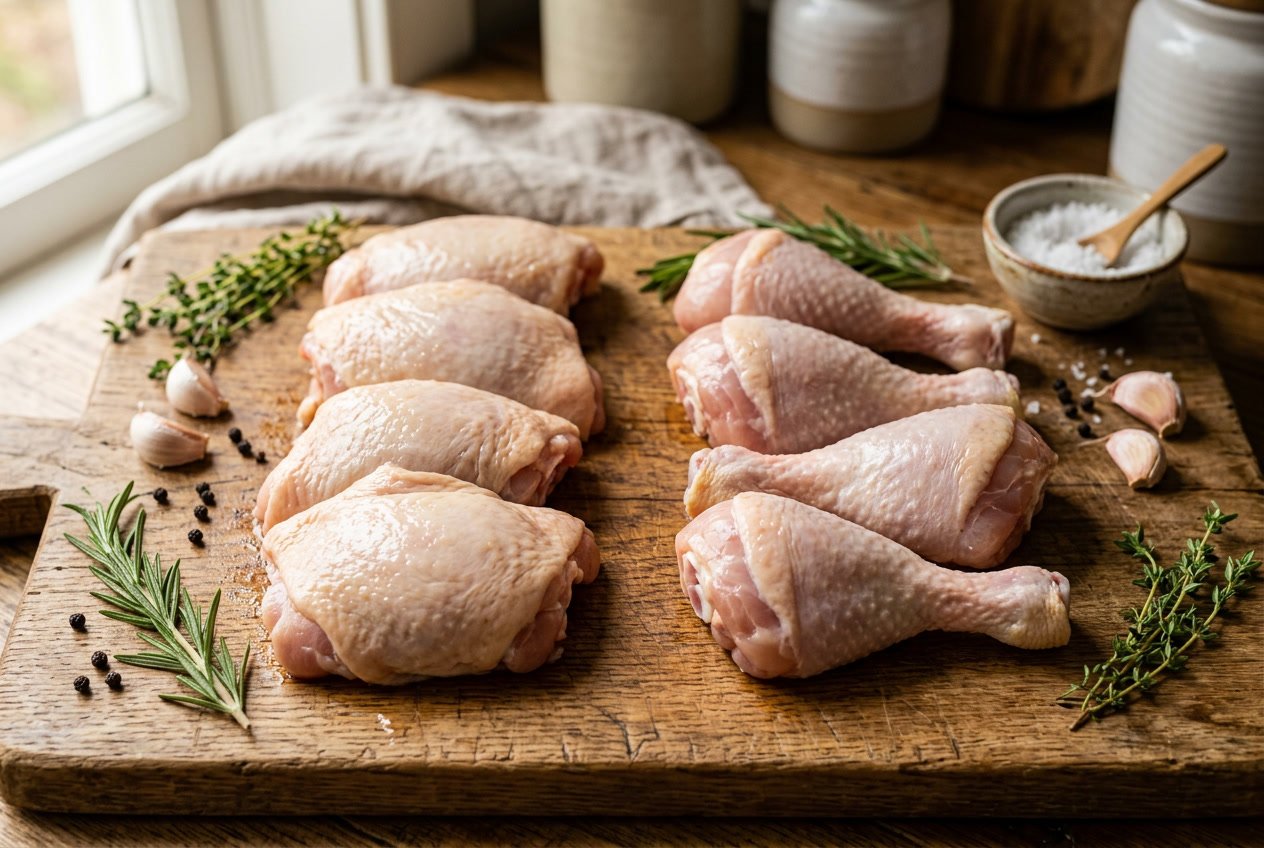 Close-up of raw chicken thighs and drumsticks arranged on a wooden cutting board with herbs and garlic around them.