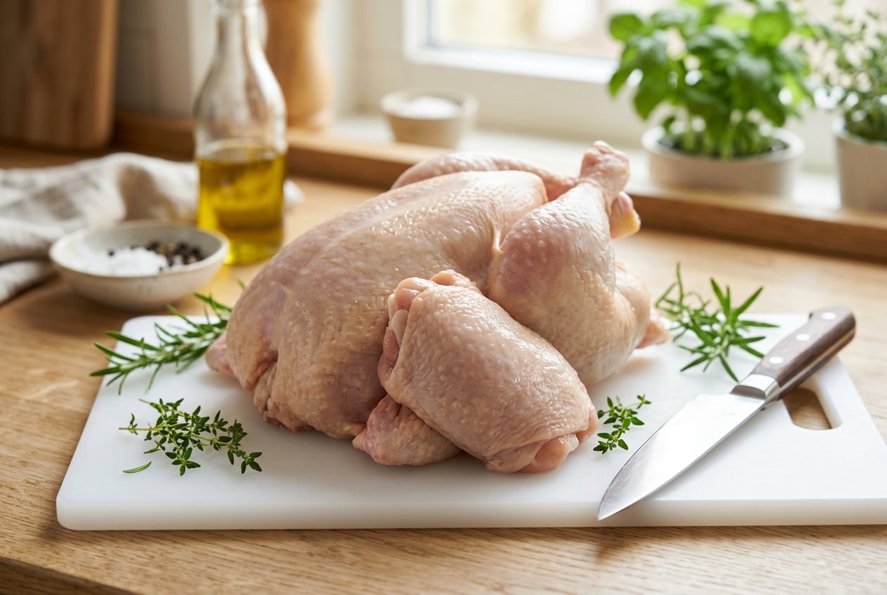 A whole raw chicken on a white cutting board with its thighs clearly visible, surrounded by fresh herbs and a kitchen knife.