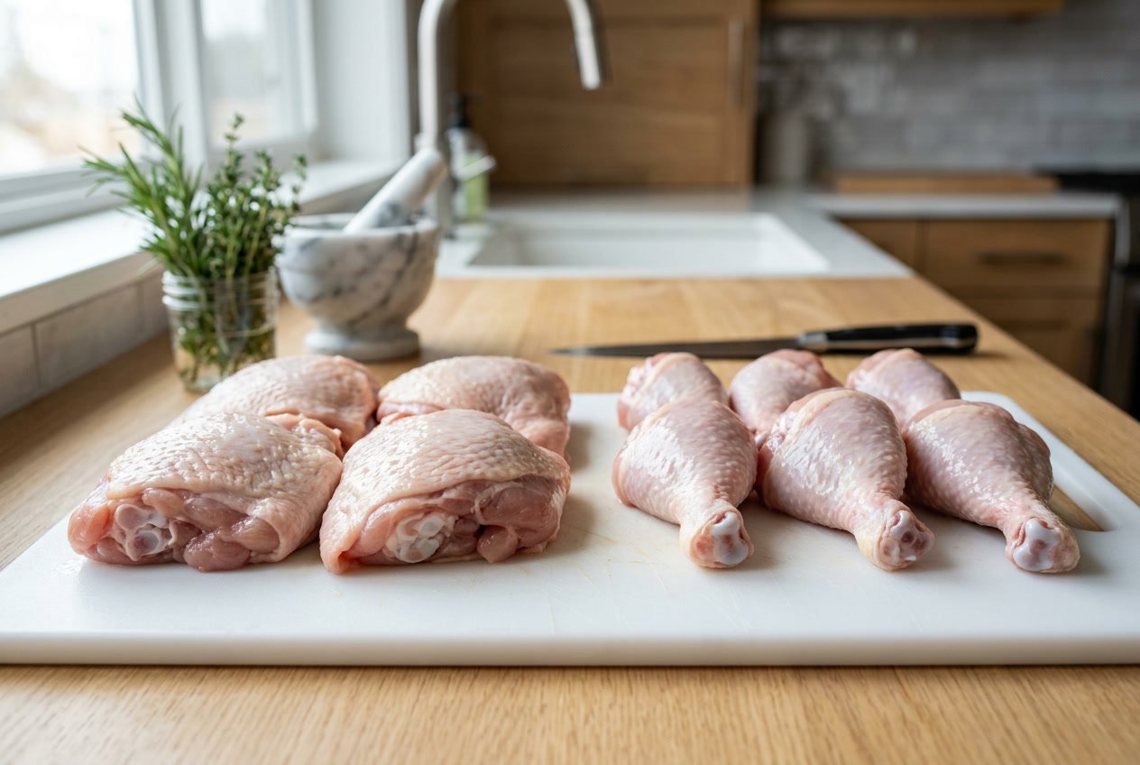 Close-up of raw chicken thighs and drumsticks placed side by side on a white cutting board in a kitchen setting.