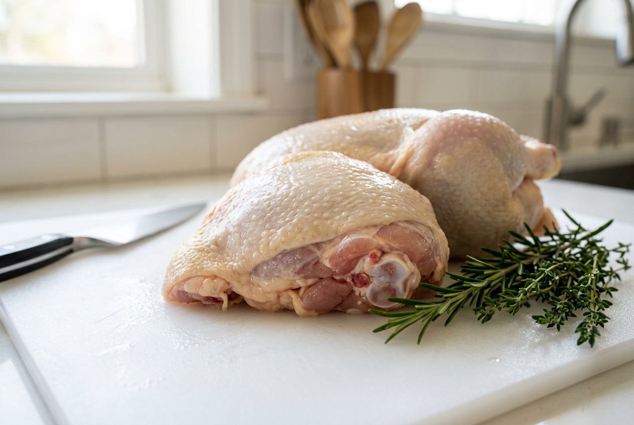 Close-up of a whole raw chicken on a cutting board showing the thigh area with herbs and a knife nearby.