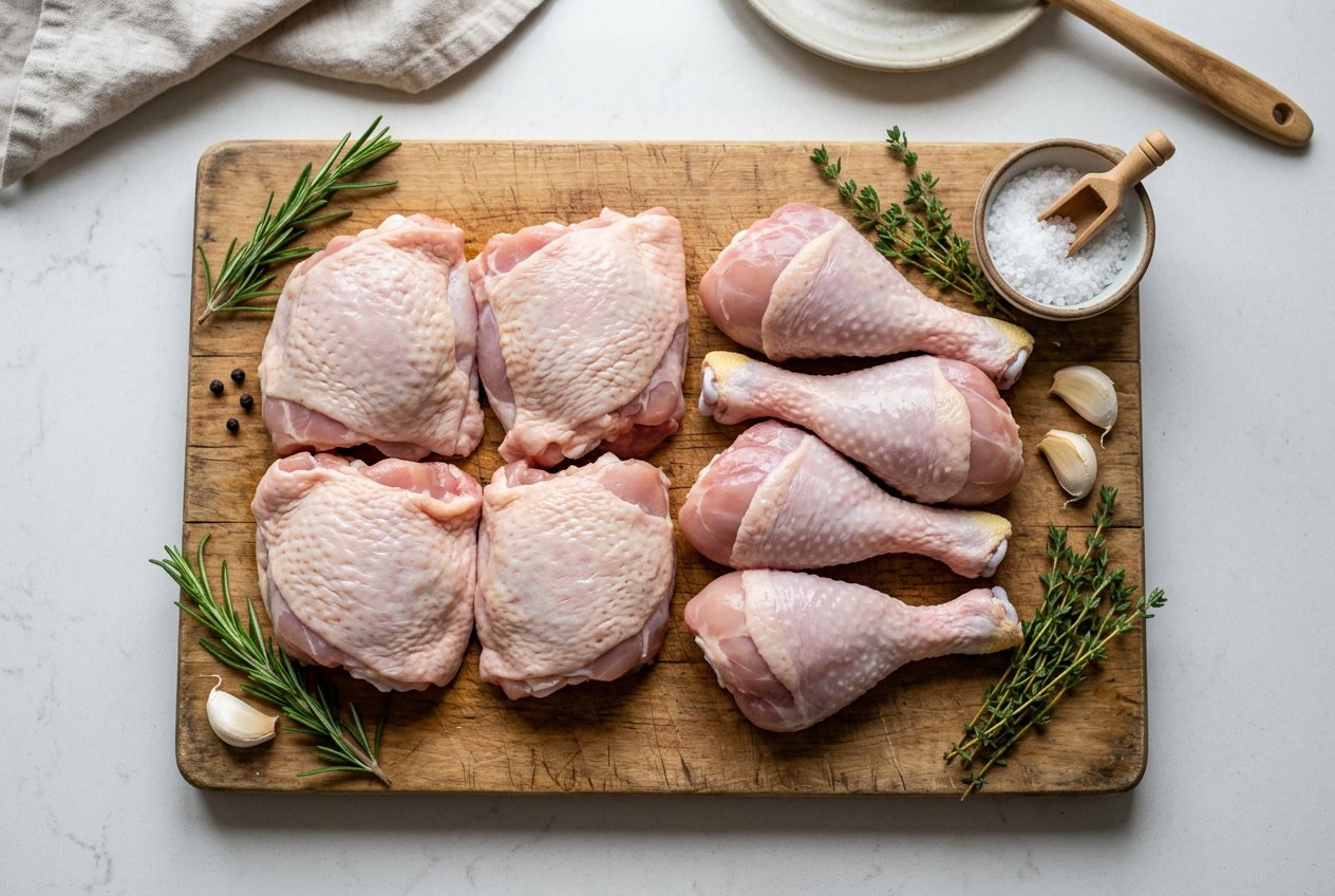 Top-down view of raw chicken thighs and drumsticks arranged on a wooden cutting board with herbs and garlic around them.