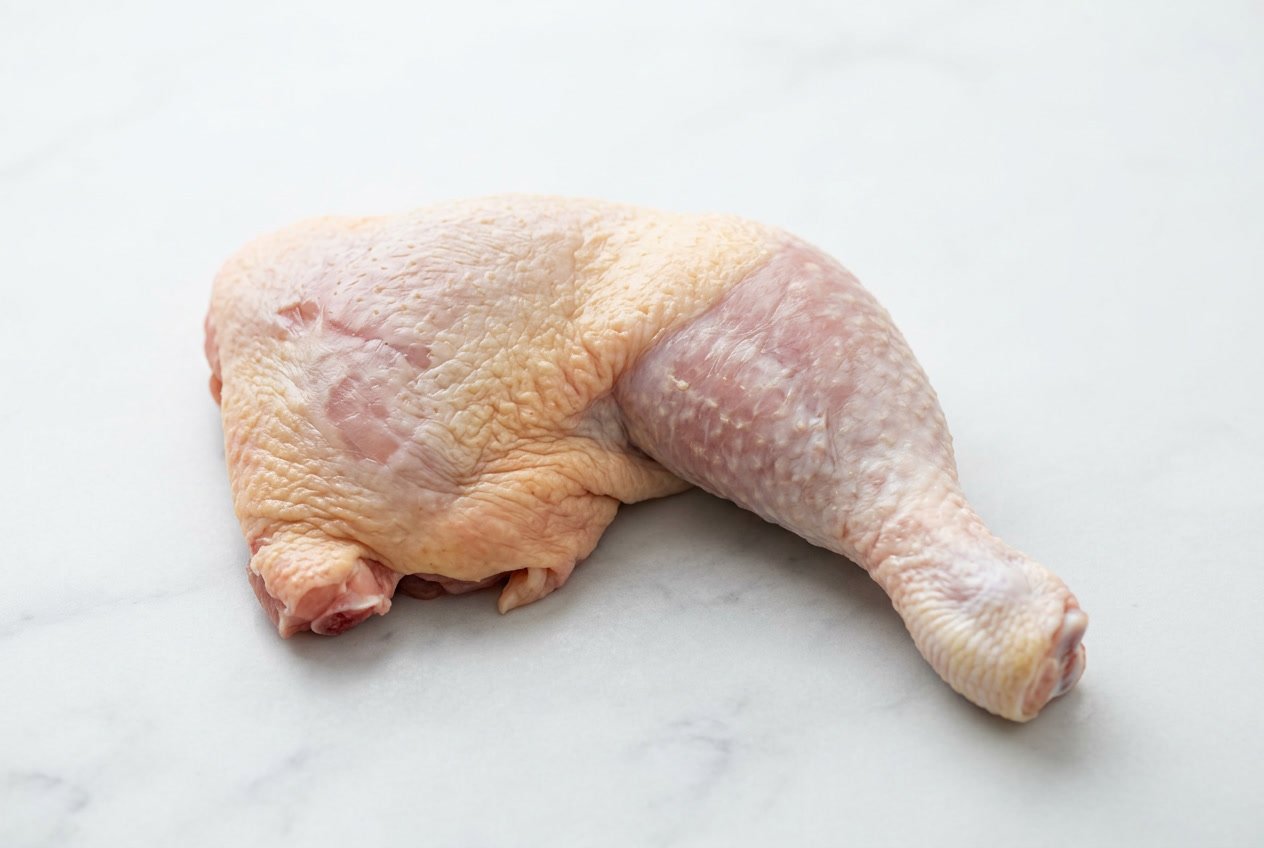 A raw chicken leg showing the thigh and drumstick on a white background.