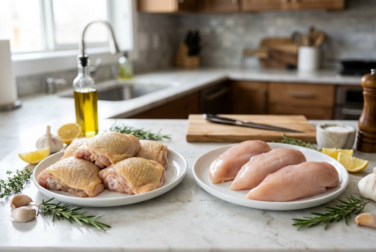 Raw chicken thighs and chicken breasts displayed on separate plates with herbs and lemon wedges on a kitchen countertop.