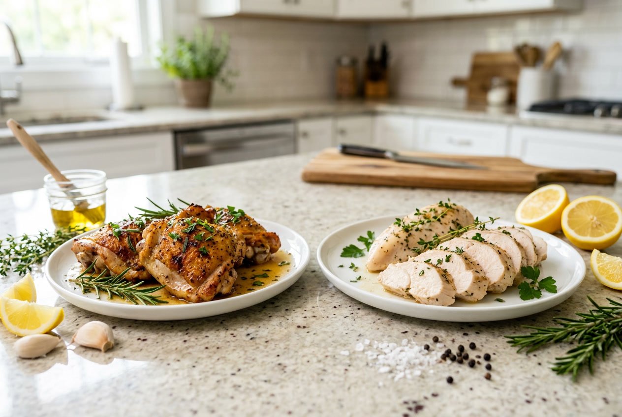 Two plates on a kitchen countertop, one with cooked chicken thighs and the other with cooked chicken breasts, both garnished with fresh herbs and surrounded by fresh ingredients.