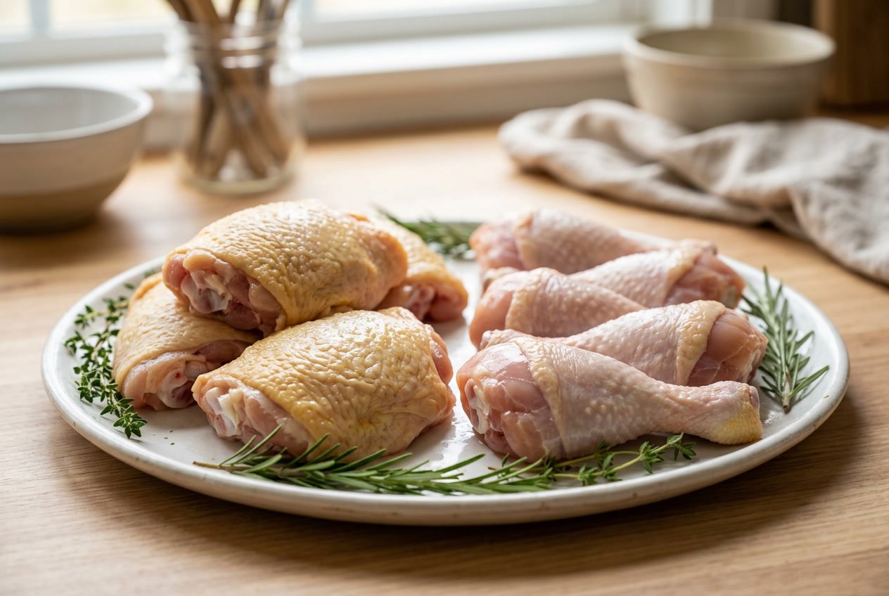 Close-up of raw chicken thighs and chicken legs arranged side by side on a white plate with fresh herbs around them.