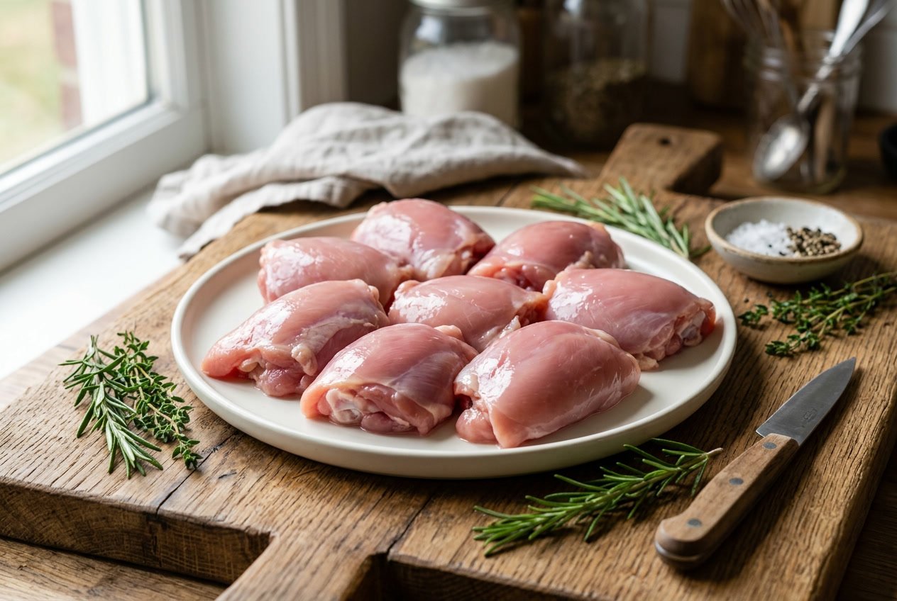 Fresh boneless chicken thighs arranged on a white plate with herbs on a wooden board in a kitchen setting.
