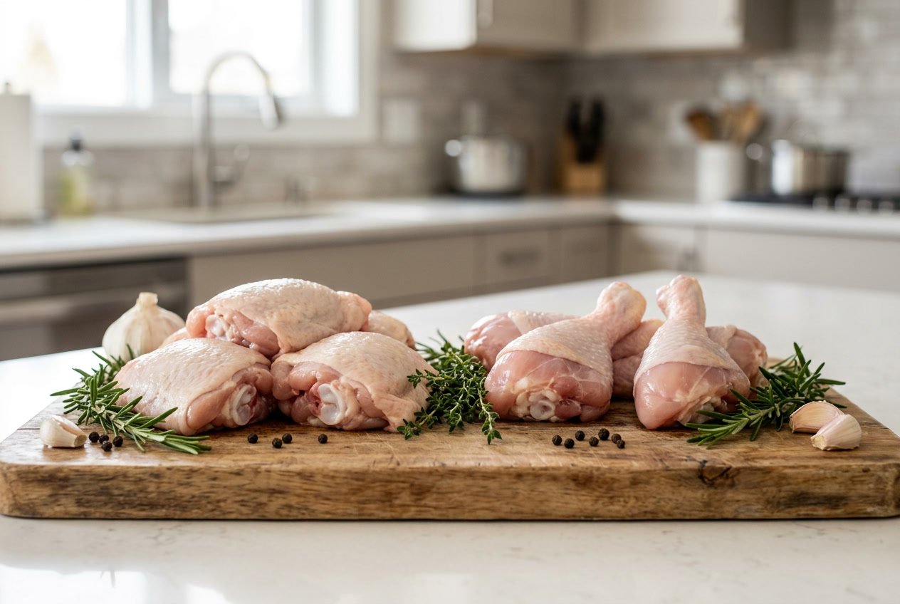 Raw chicken thighs and chicken legs displayed on a wooden cutting board with herbs and garlic in a kitchen setting.