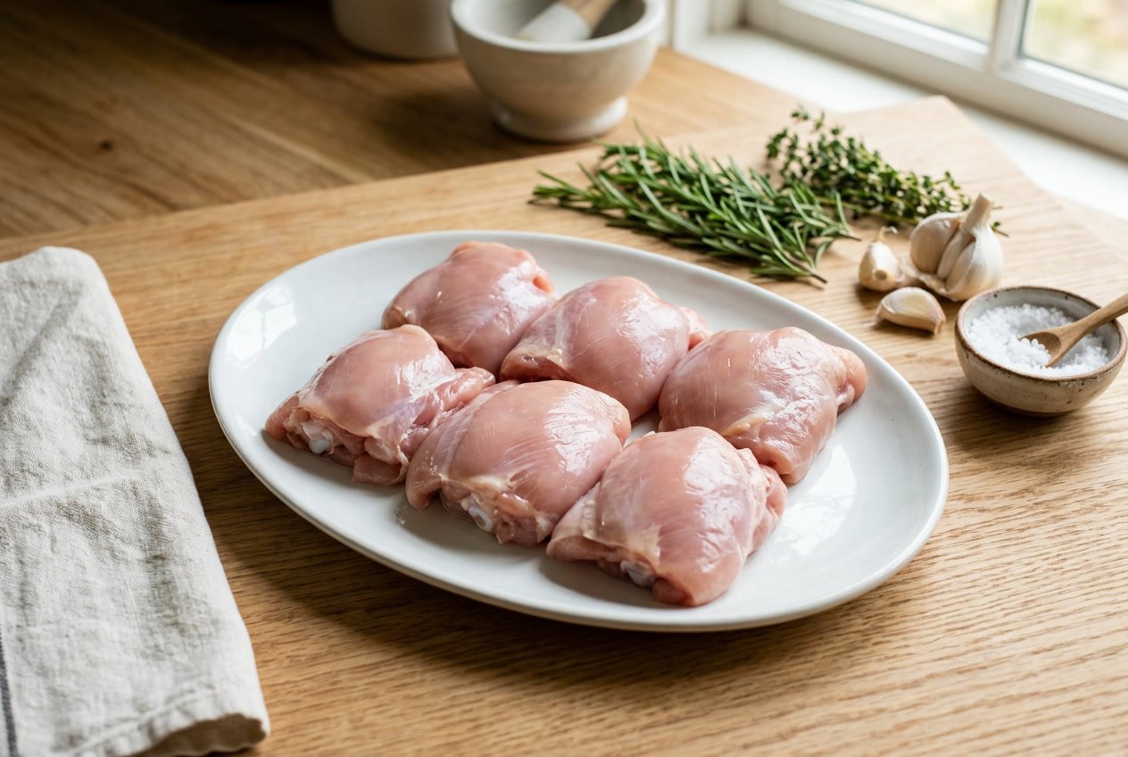 Close-up of raw boneless chicken thighs on a white plate with fresh herbs and garlic on a wooden countertop.