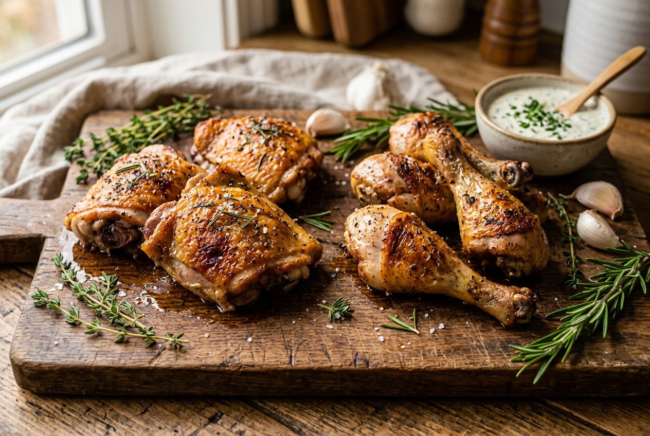Close-up of cooked chicken thighs and legs on a wooden cutting board with herbs and garlic.