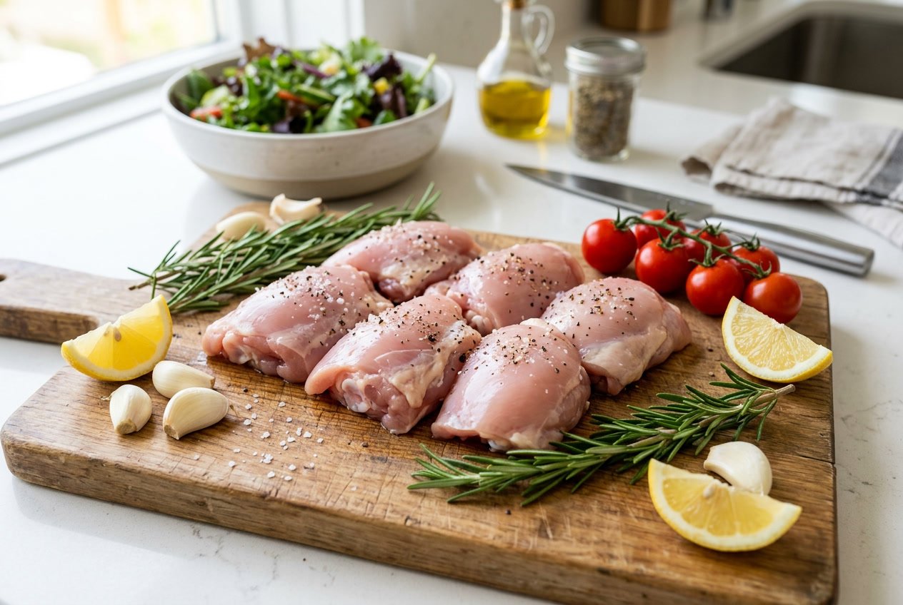 Close-up of raw boneless chicken thighs on a wooden cutting board with fresh herbs, garlic, tomatoes, and lemon in a kitchen setting.