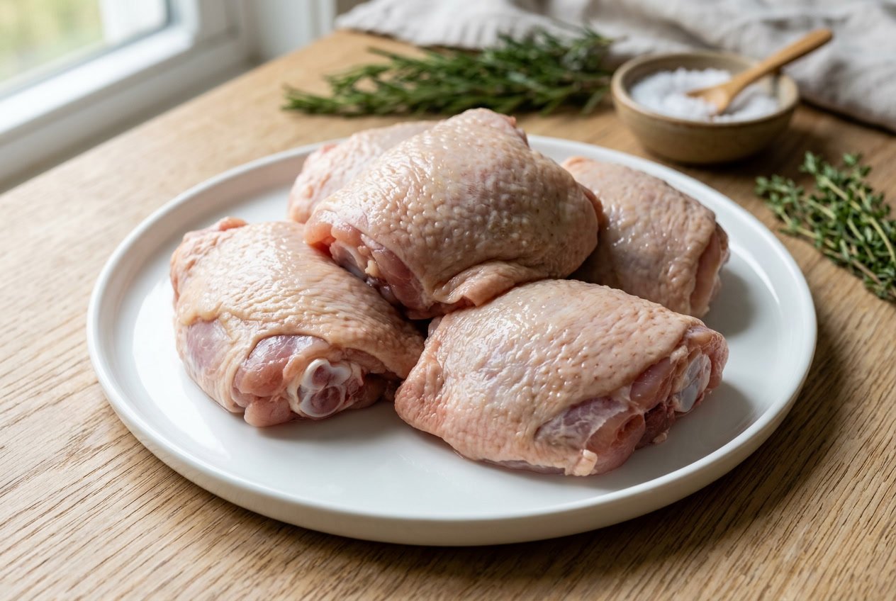 Close-up of raw chicken thighs on a white plate with herbs and salt in the background.