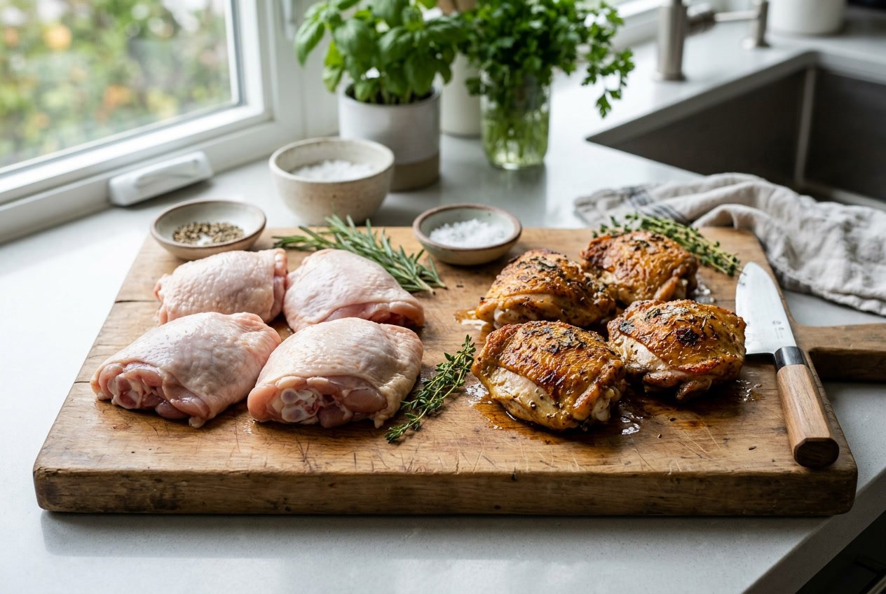 Raw and cooked chicken thighs arranged on a wooden cutting board with fresh herbs and a kitchen knife nearby.