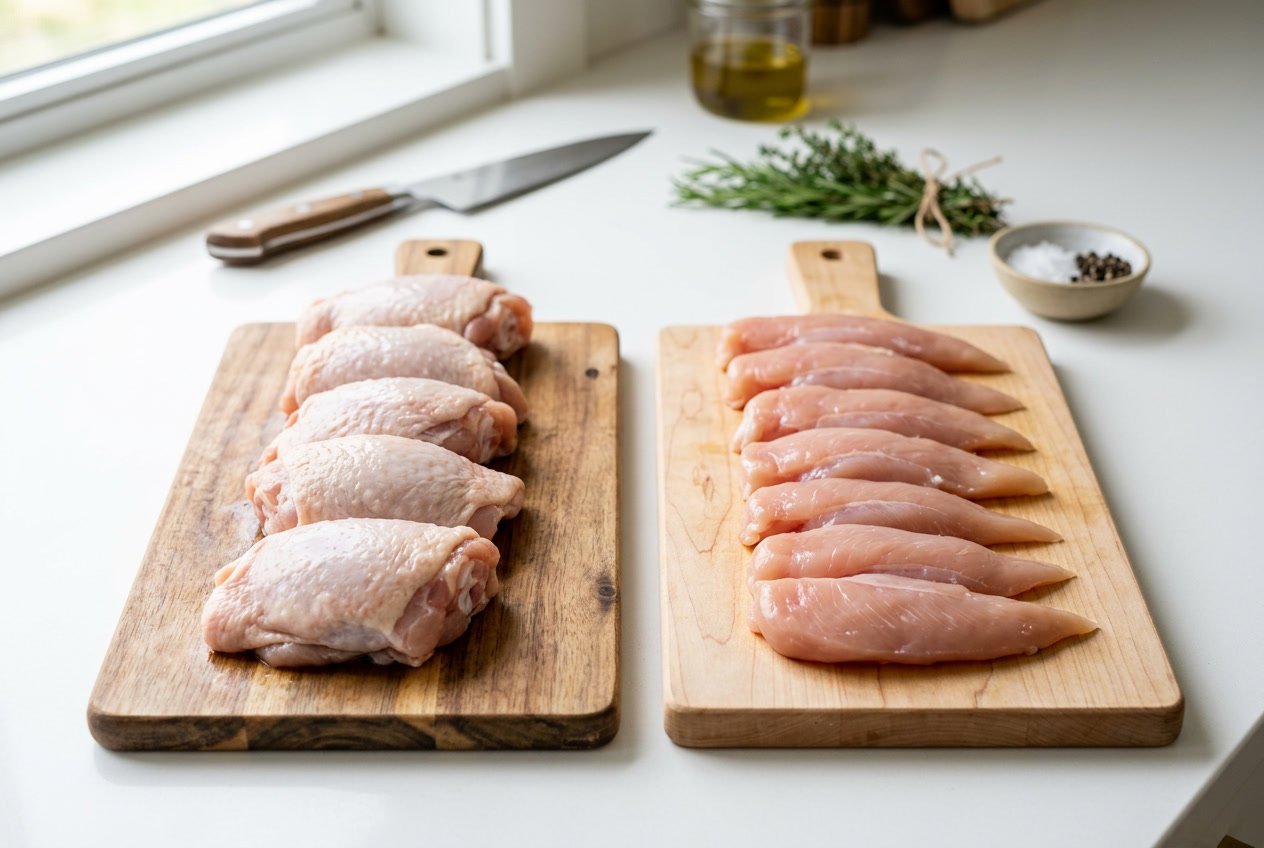 Raw chicken thighs and tenderloins arranged separately on wooden cutting boards on a kitchen countertop.
