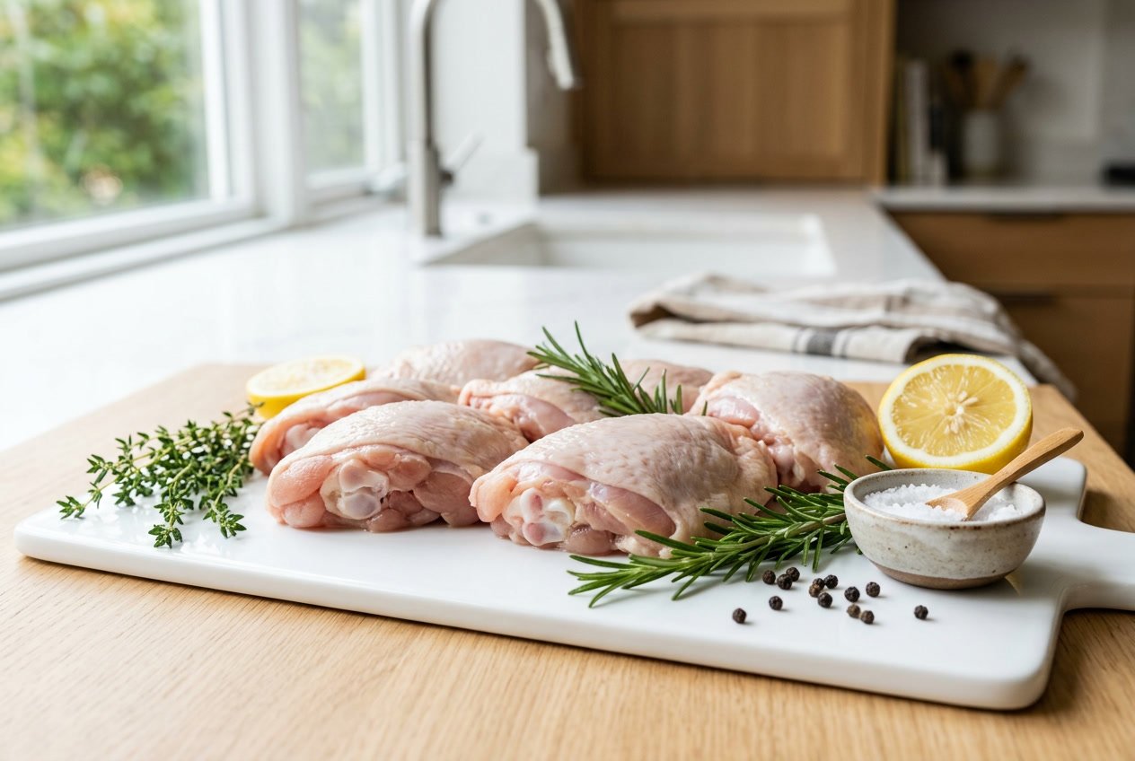 Close-up of raw chicken thighs on a white cutting board with fresh herbs, lemon, and salt in a kitchen setting.