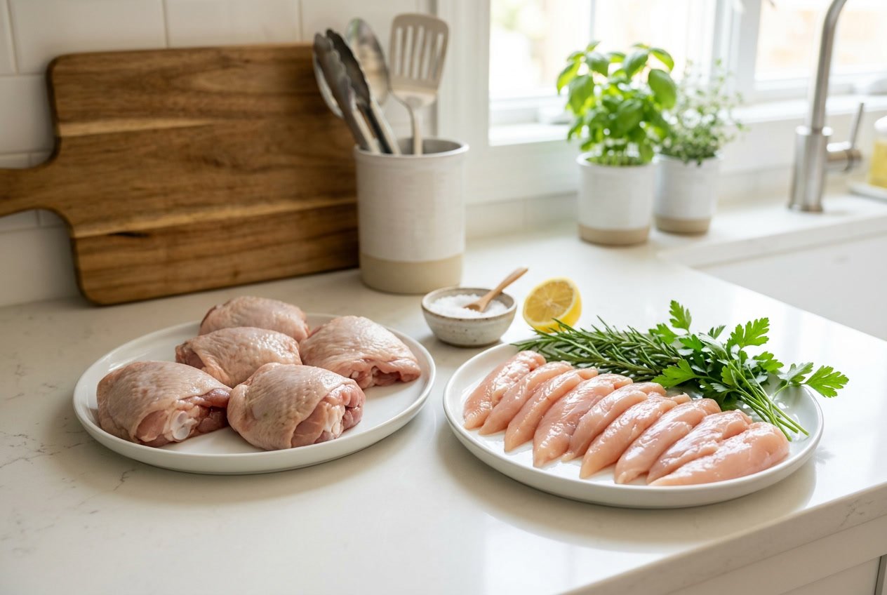 Raw chicken thighs and tenderloins placed separately on white plates with fresh herbs and kitchen utensils on a countertop.