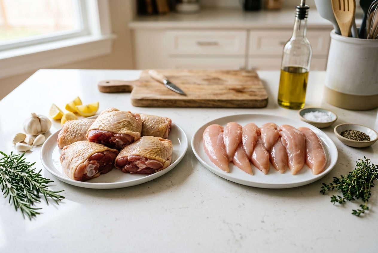 Two plates on a kitchen counter showing raw chicken thighs on one and chicken tenderloins on the other, surrounded by fresh herbs and spices.